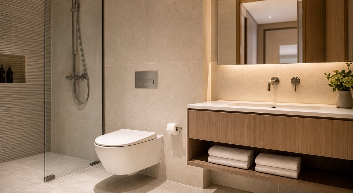 wall hung toilet system for serviced apartment bathrooms