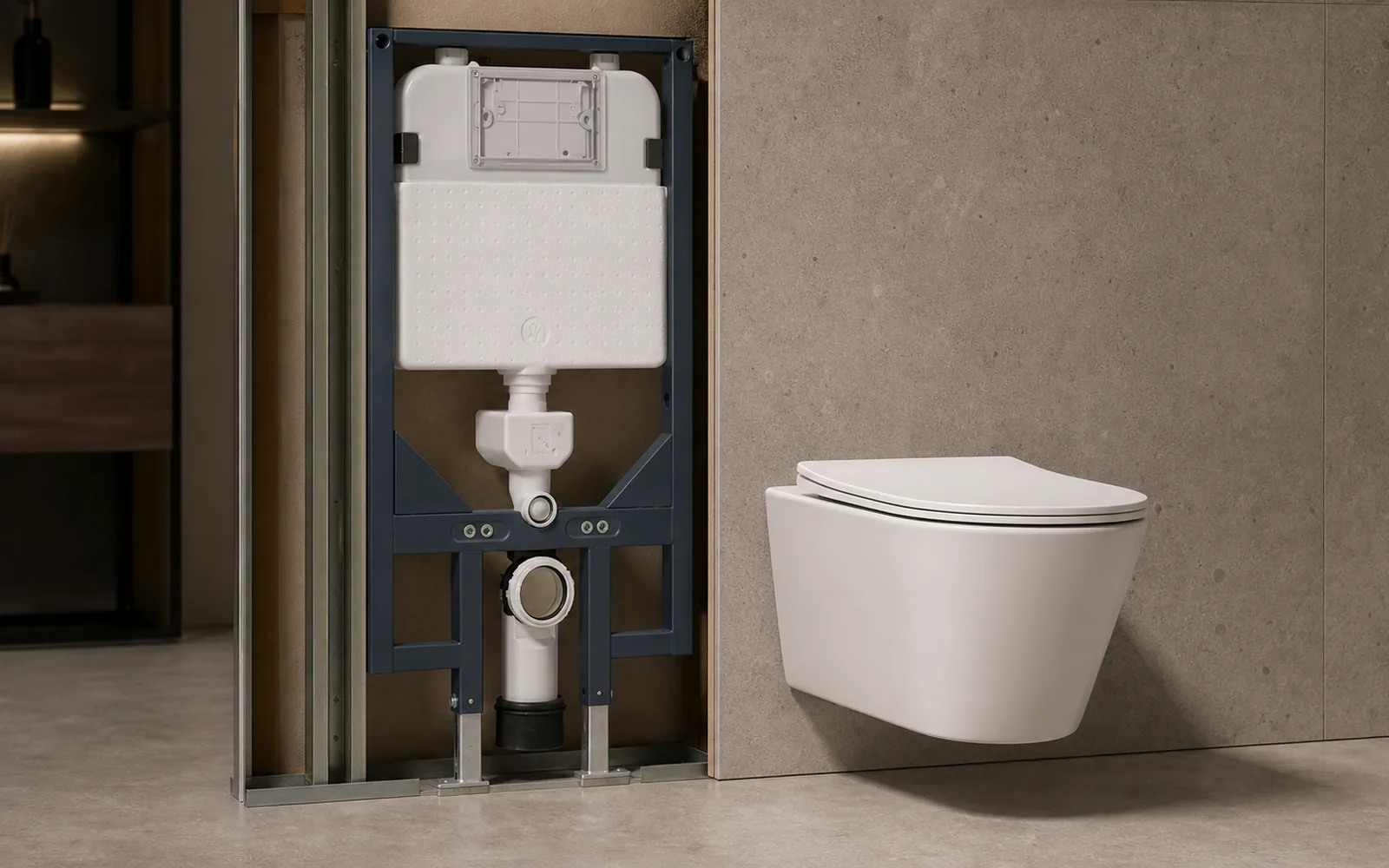 wall hung toilet aligned with a concealed cistern frame in a technical installation display