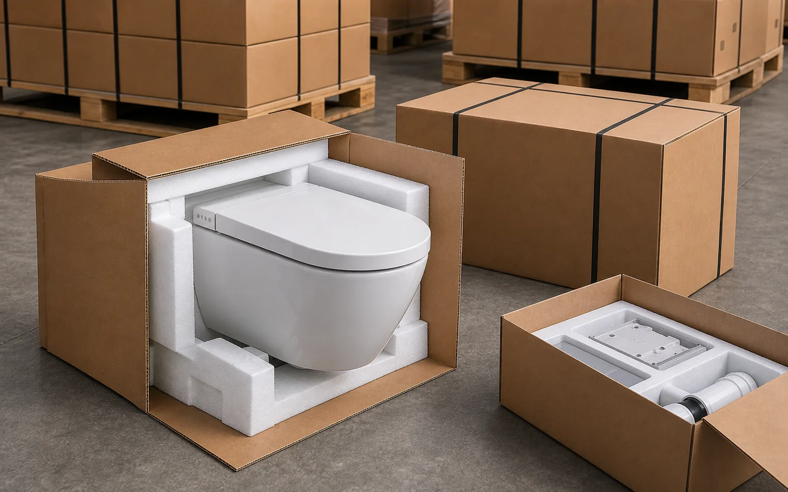 wall hung toilet protected with reinforced export packaging for ocean freight