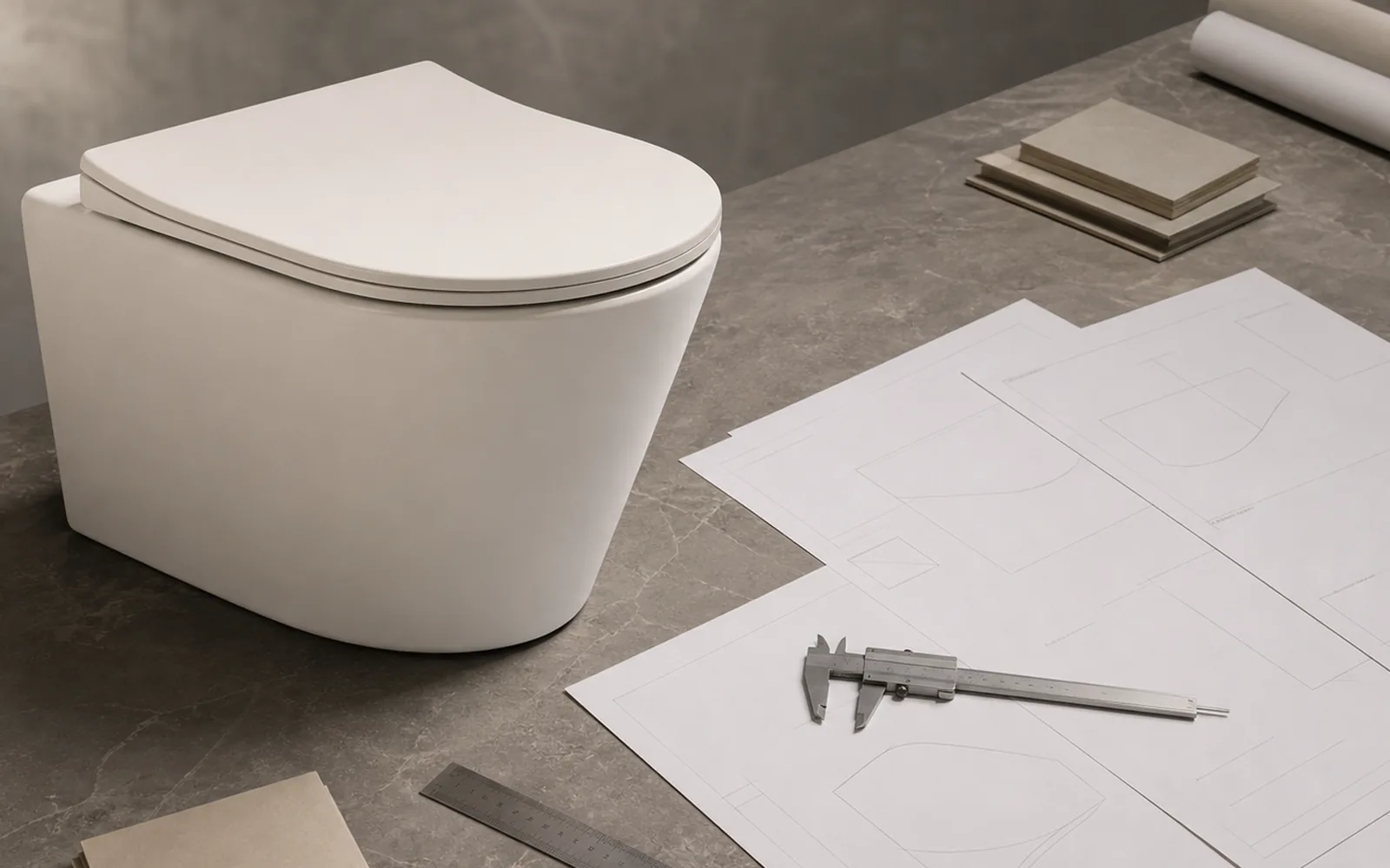 wall hung toilet technical drawing reviewed with dimensional measuring tools